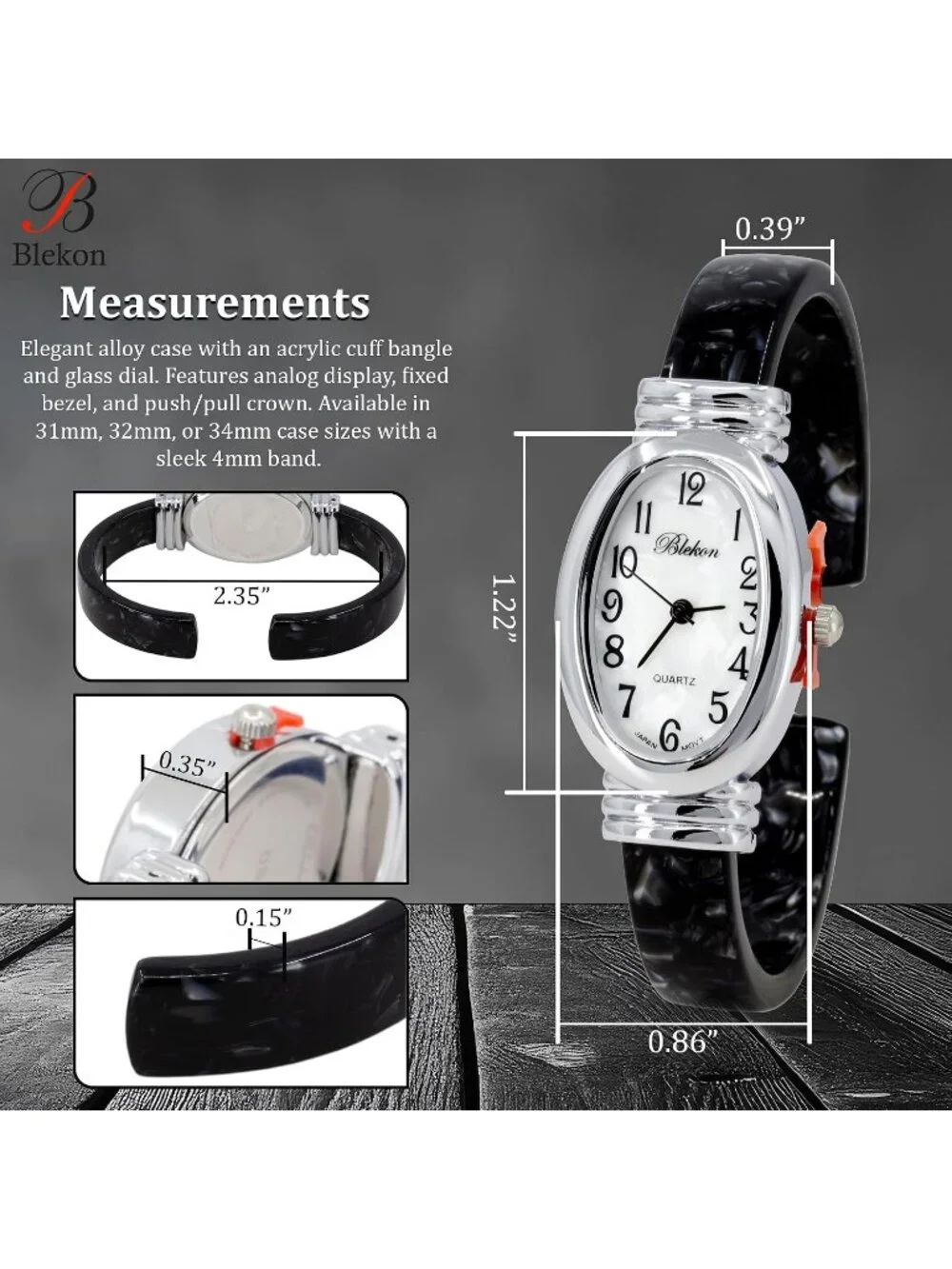 Women's Silver/White/Black Pearl/Oval Shell Color Design Cuff Bangle Watch
